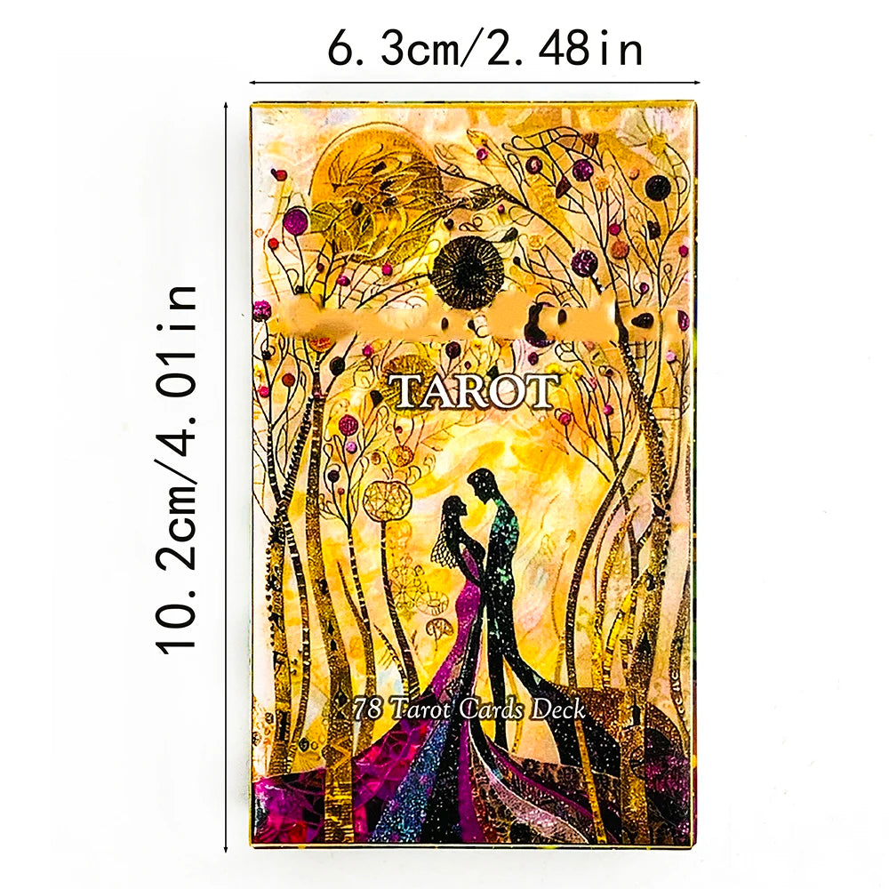 A rectangular deck of Tarot cards featuring an illuminated, golden-yellow background with figures and foliage.