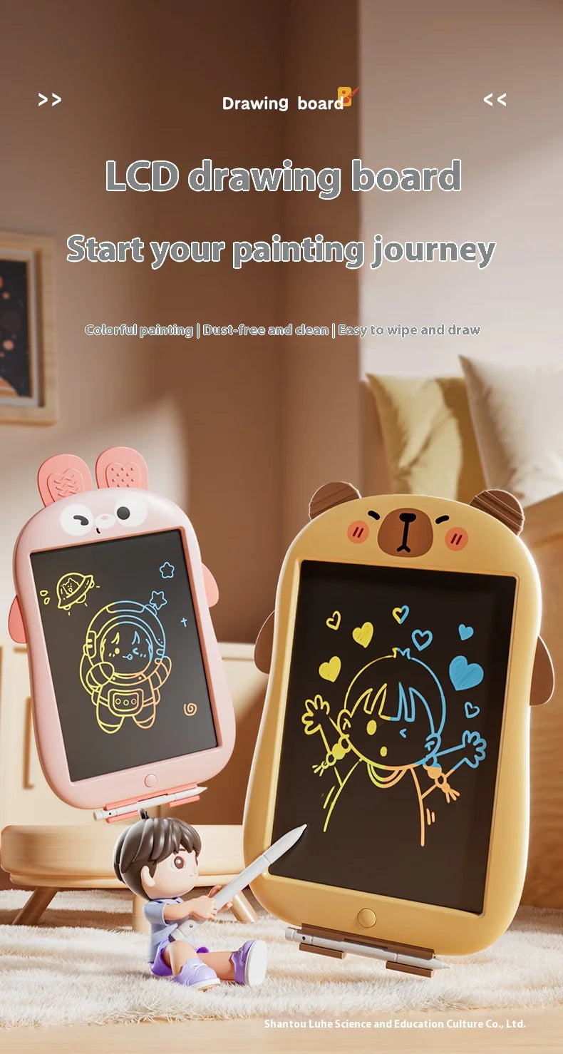 A yellow LCD drawing board is shown with a child drawing on it, illustrating a painting journey for kids.