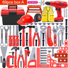 A collection of red and black battery-powered toy tools including a drill, screwdriver, pliers, and various hand tools in a b