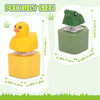 A yellow duck and green frog clicker keychain with an LED light shown next to its size dimensions.