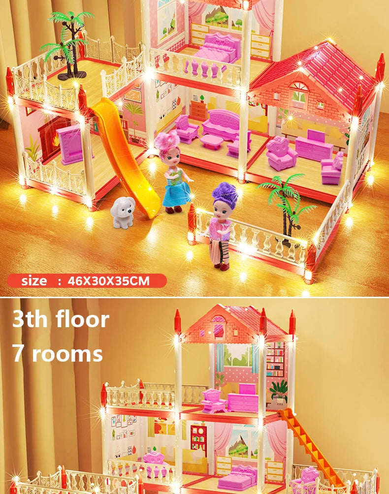 A pink and yellow 3D assembly miniature castle and villa playset with a multi-story structure and figures.