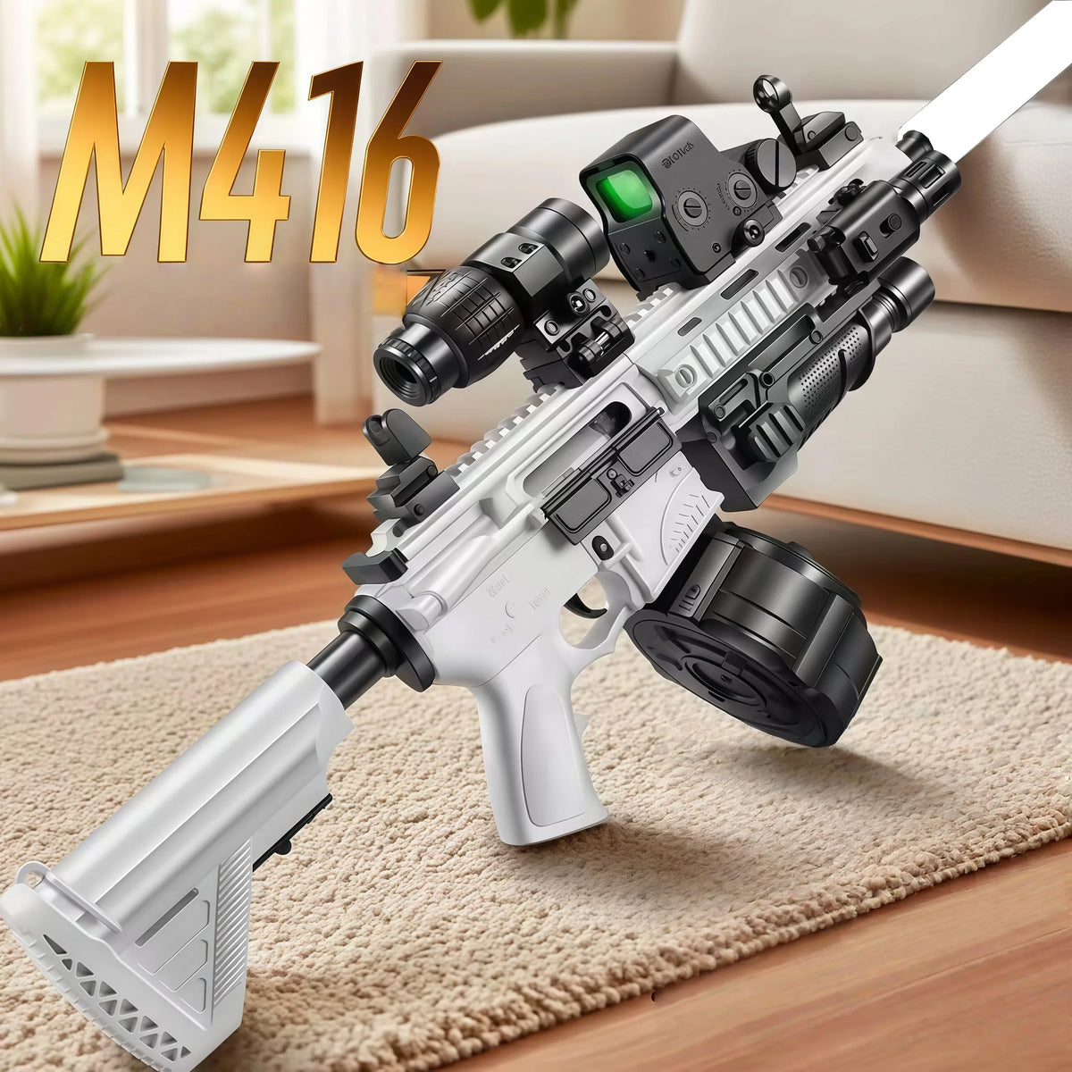 A white M416 assault rifle with an optic and a pistol grip is displayed on a beige carpet.