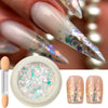 A set of iridescent opal and mermaid chrome nail glitter pigment, shown on a nail and in a round pot.