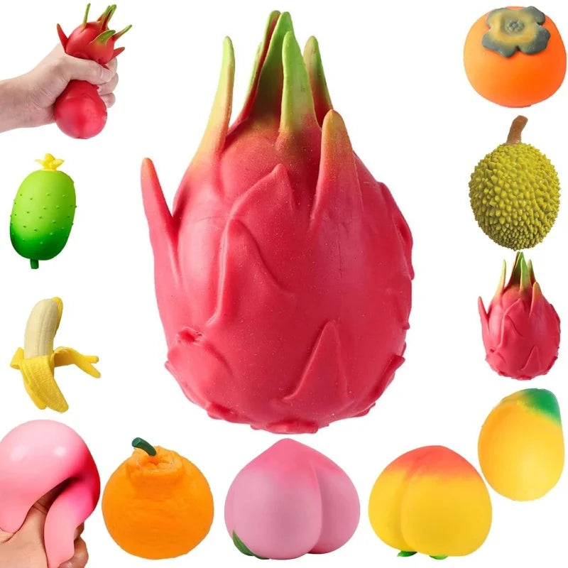 A collection of various fruit squishy stress relief fidget toys in pink, green, yellow, and orange colors.