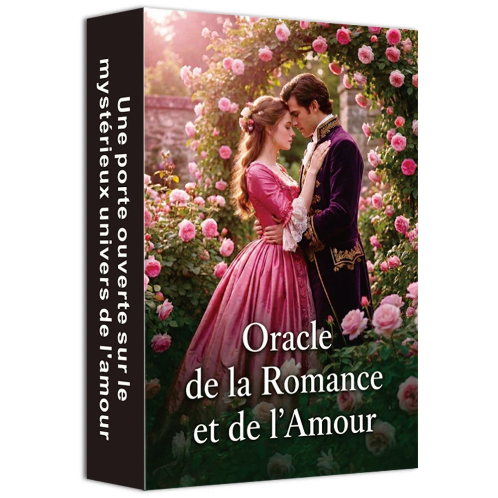A box of the Oracle de la Romance et de l'Amour deck featuring a couple in a lush pink rose garden.
