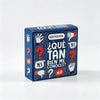 A blue box of Spanish mini game cards titled ¿Qué tan bien me conoces? for conversation starters.