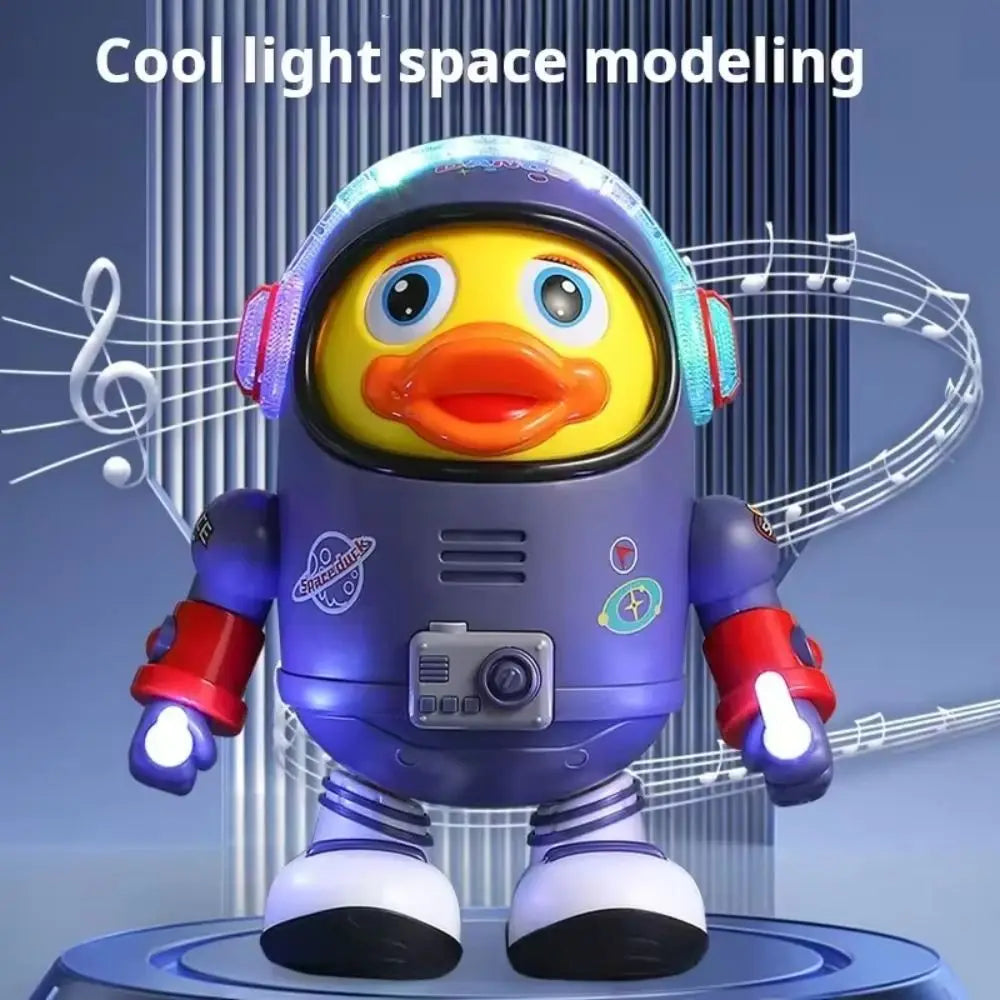 A purple and yellow interactive dancing space duck with lights is shown against a blue background.