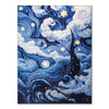 A painting depicting a night starry sky with swirling blue and white clouds and silhouettes of trees.