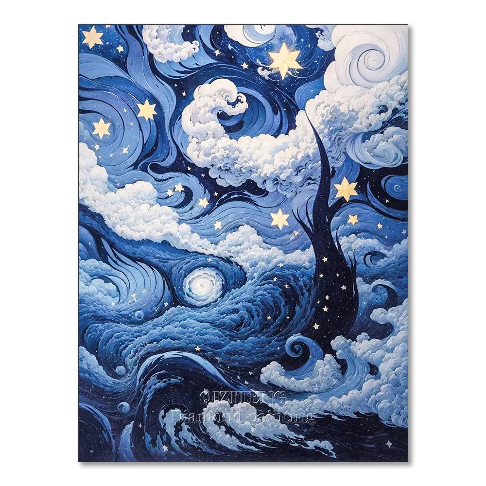 A painting depicting a night starry sky with swirling blue and white clouds and silhouettes of trees.