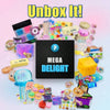 A colorful unbox featuring various squishy toys and blind box items like butter and cute figures.