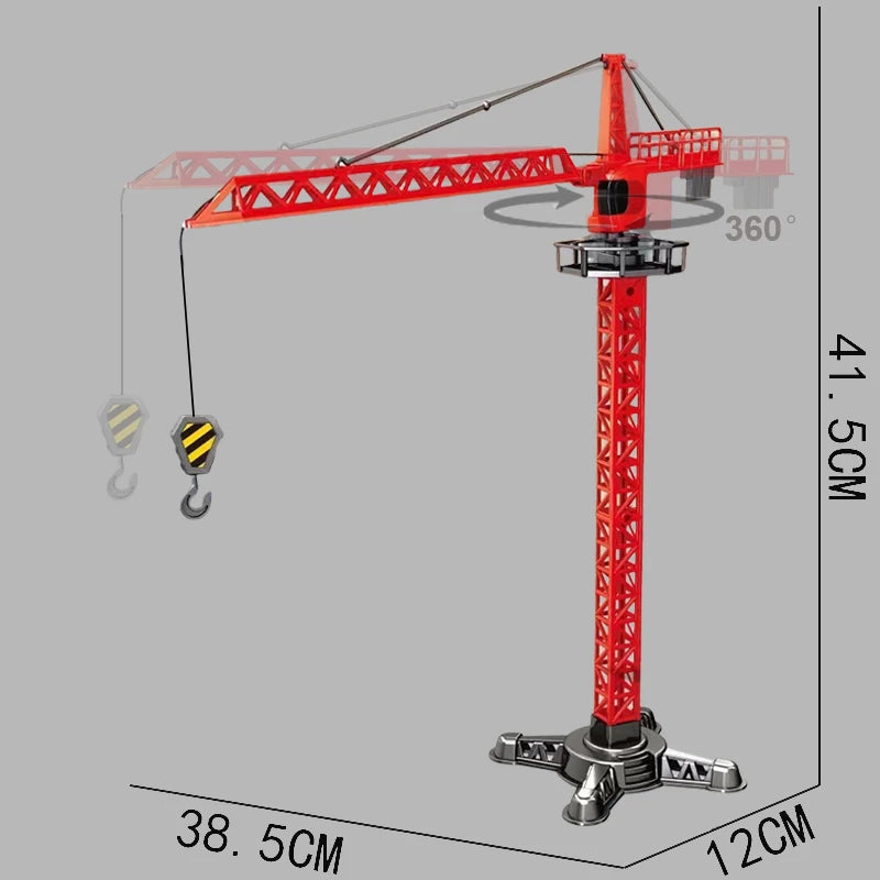 A red diecast construction crane model toy set shown against a gray background with dimensions provided.