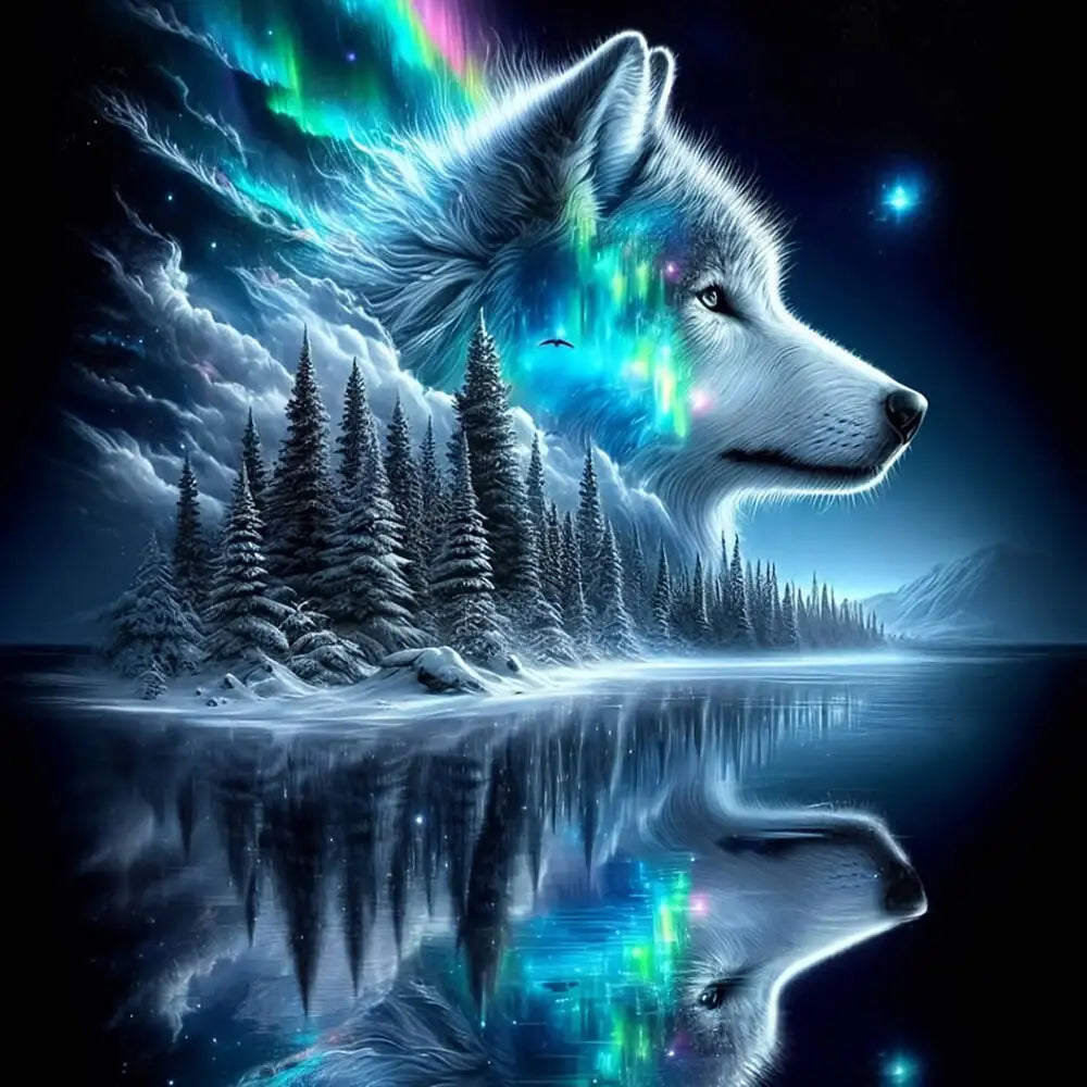 A majestic wolf head with glowing blue and green light reflected in calm water and surrounded by a snowy forest.