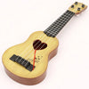 A wooden ukulele toy with adjustable tuning pegs and a heart decoration.