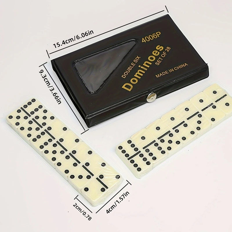 A black box containing a set of 28 domino tiles is shown next to individual white and black domino tiles.