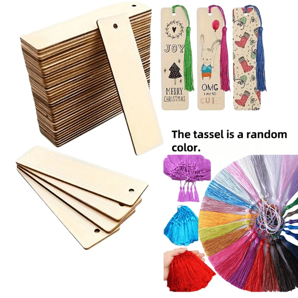 A set of ten wooden blank bookmarks with various colored tassels, including Christmas and seasonal designs.