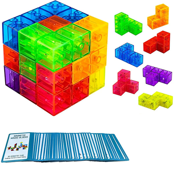 A set of colorful magnetic 3D puzzle building blocks in various shades of green, yellow, and red.