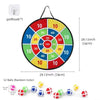 A circular dartboard with colored segments and a hanging mechanism, surrounded by small balls.