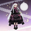 A white-haired doll dressed in a dark brown gothic style with pink accents and lace details against a purple background.
