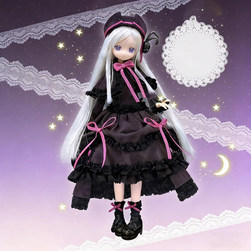A white-haired doll dressed in a dark brown gothic style with pink accents and lace details against a purple background.