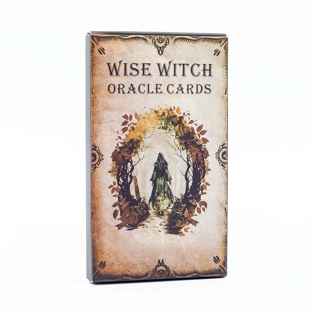 A rectangular deck of Wise Witch Oracle Cards featuring an illustration of a witch within a leafy, natural setting.