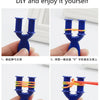 DIY bracelet making kit showing steps for creating a U-shaped loom band with colored strings