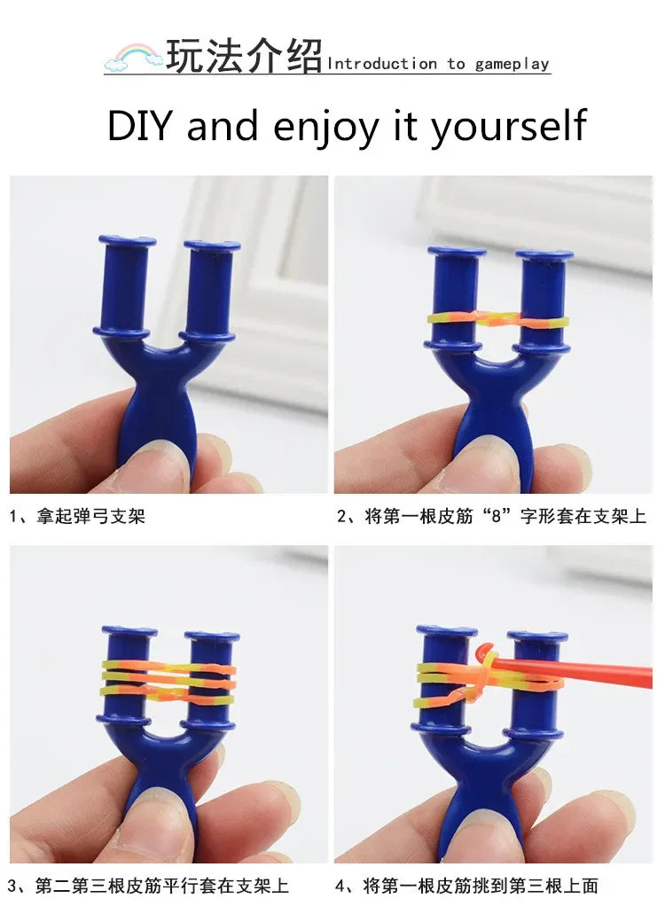 DIY bracelet making kit showing steps for creating a U-shaped loom band with colored strings