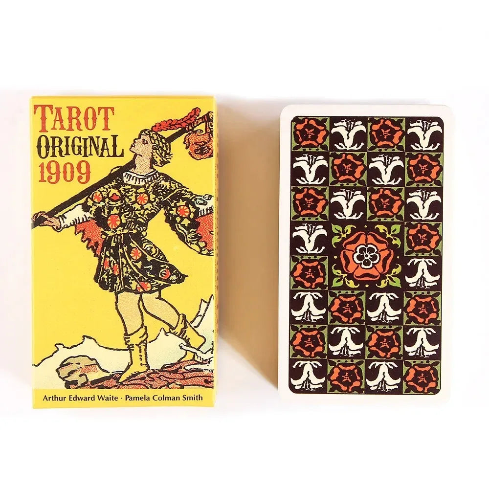A yellow box for the Tarot Original 1909 deck by Arthur Edward Waite and Pamela Colman Smith.