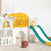 A white and yellow toddler slide and playground playset featuring a castle structure and a slide.