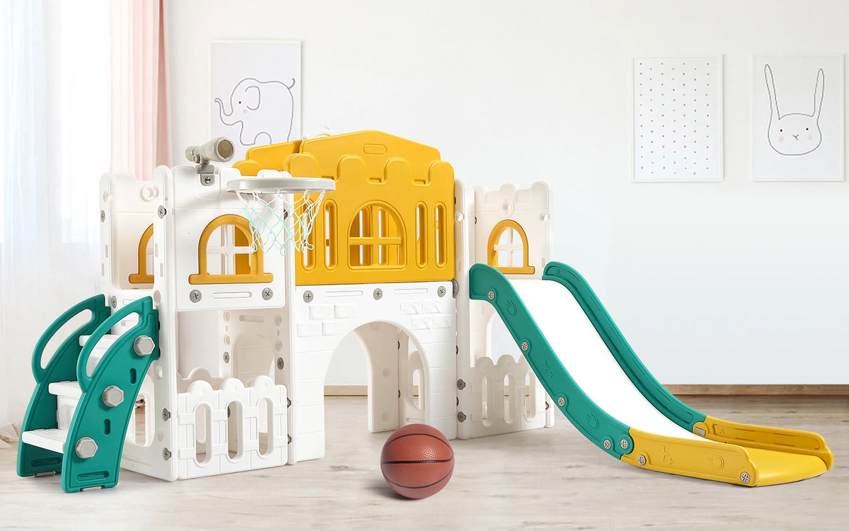 A white and yellow toddler slide and playground playset featuring a castle structure and a slide.