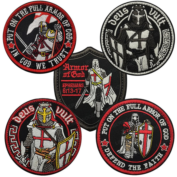 Four circular embroidered patches featuring a crusader theme with text like Put on the Full Armor of God and Defend the Faith