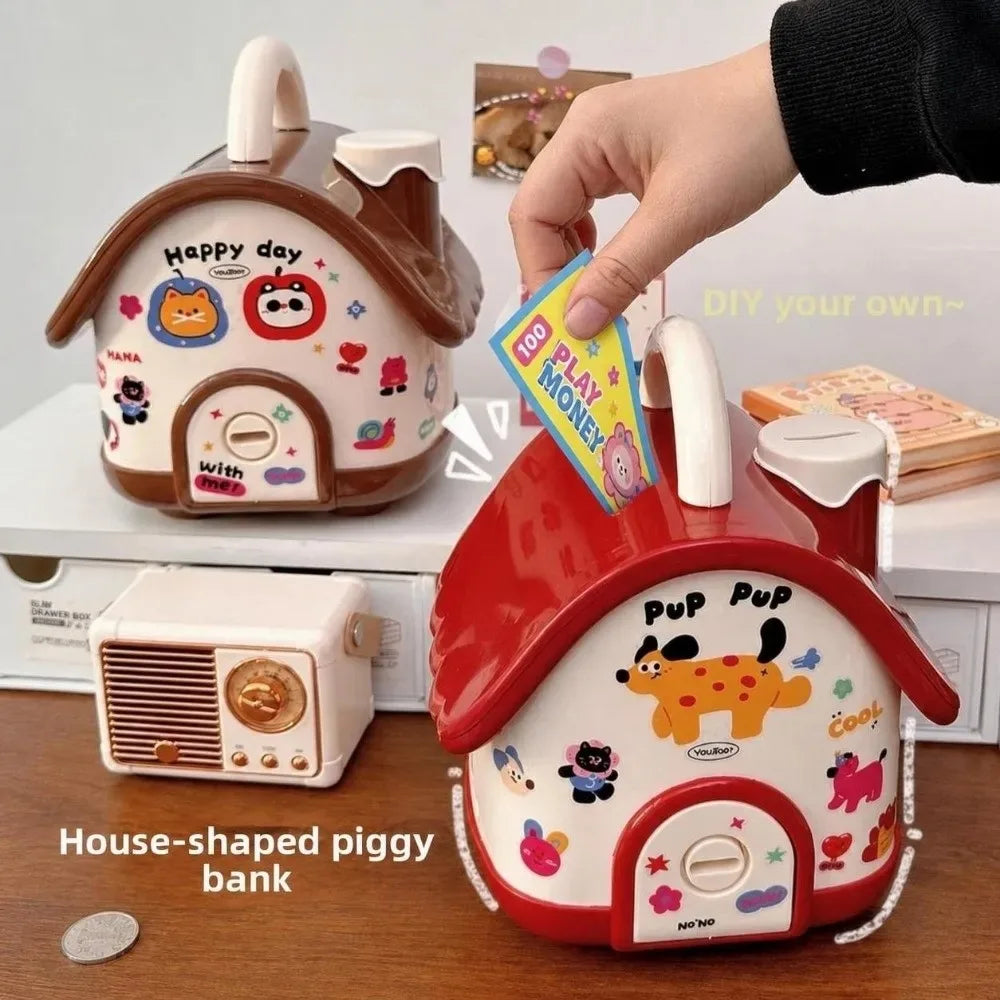 A hand is opening a red house-shaped piggy bank with a lock and key, showing the interior.