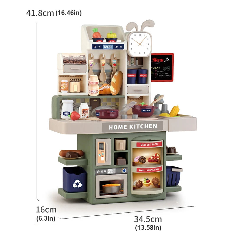 A green kids pretend kitchen play set featuring various cooking utensils and accessories.