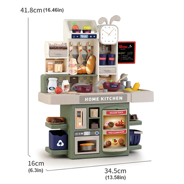 A green kids pretend kitchen play set featuring various cooking utensils and accessories.