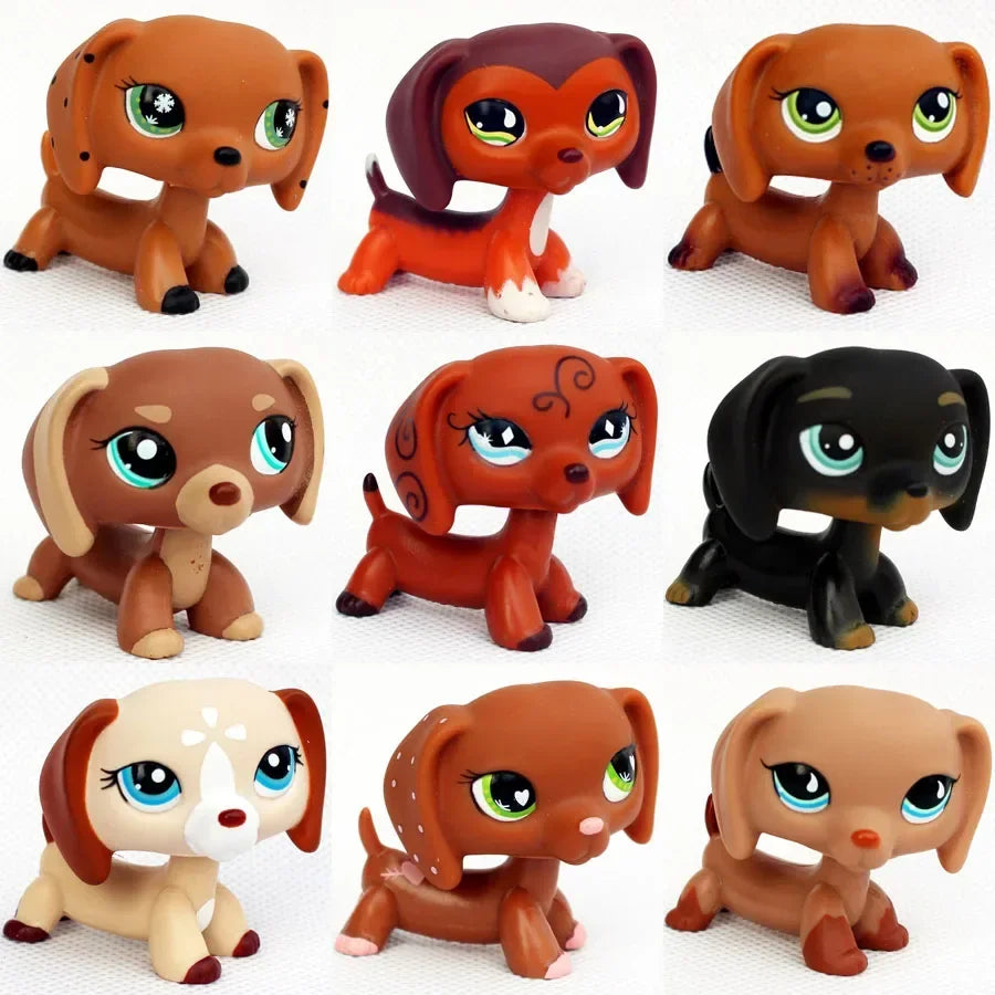 A collection of eight adorable dachshund bobblehead figurines in various earthy tones and colors.