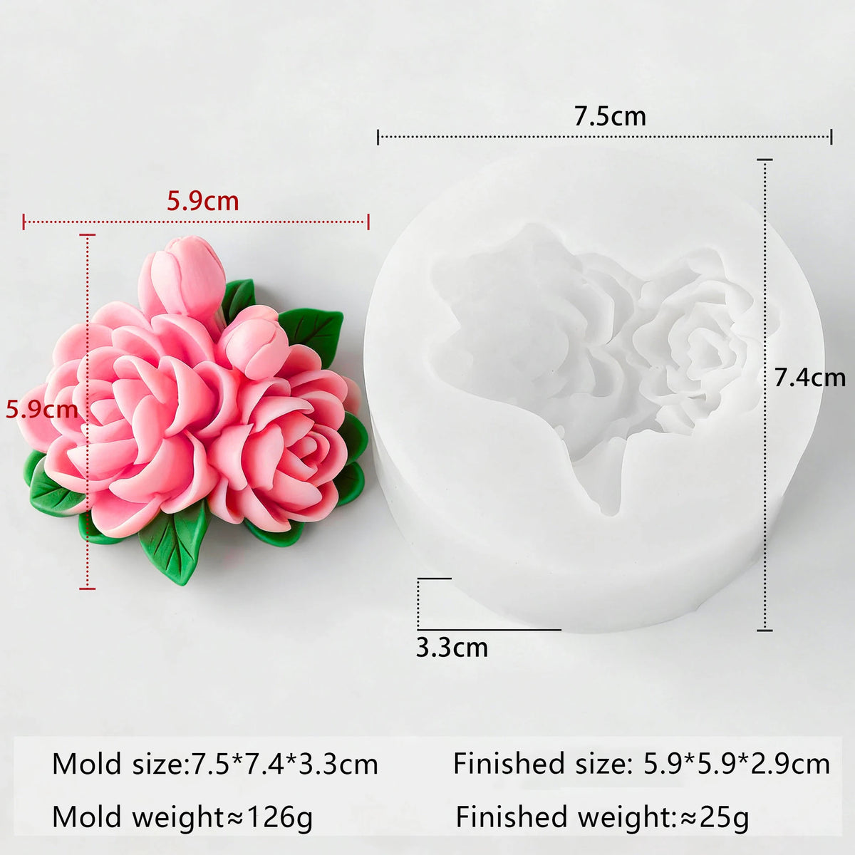 A white silicone mold with a multi-flower design, showing dimensions and weight specifications.