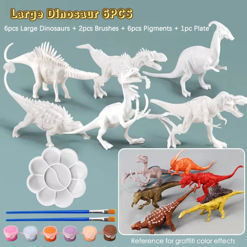 A set of six large dinosaur figures, brushes, pigments, and a plate for DIY painting.