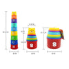 A set of colorful stacking cups featuring letters, numbers, and shapes for educational play.