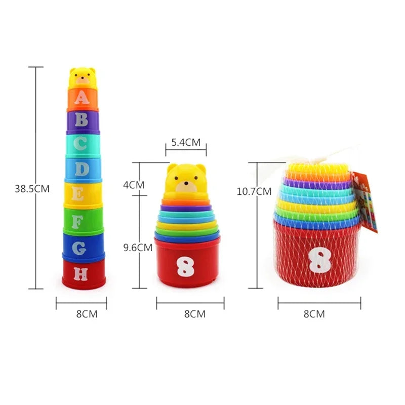 A set of colorful stacking cups featuring letters, numbers, and shapes for educational play.