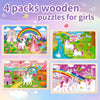 Four colorful wooden jigsaw puzzles featuring unicorn princesses and rainbows for girls
