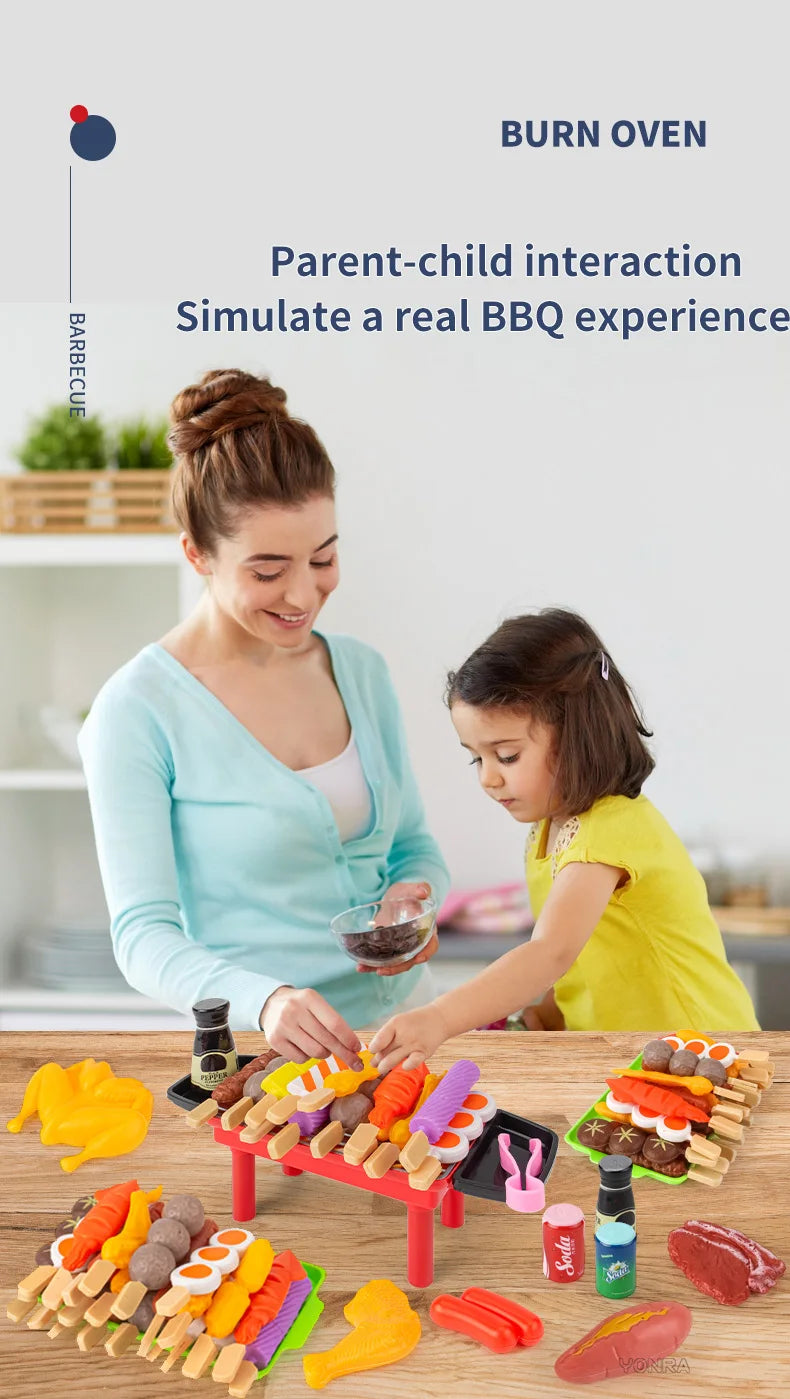 A parent and child are playing with a mini barbecue pretend play set featuring various food items like sausages and vegetable