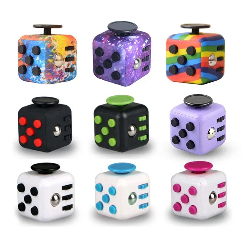 A collection of colorful fidget cubes featuring various patterns and button types.