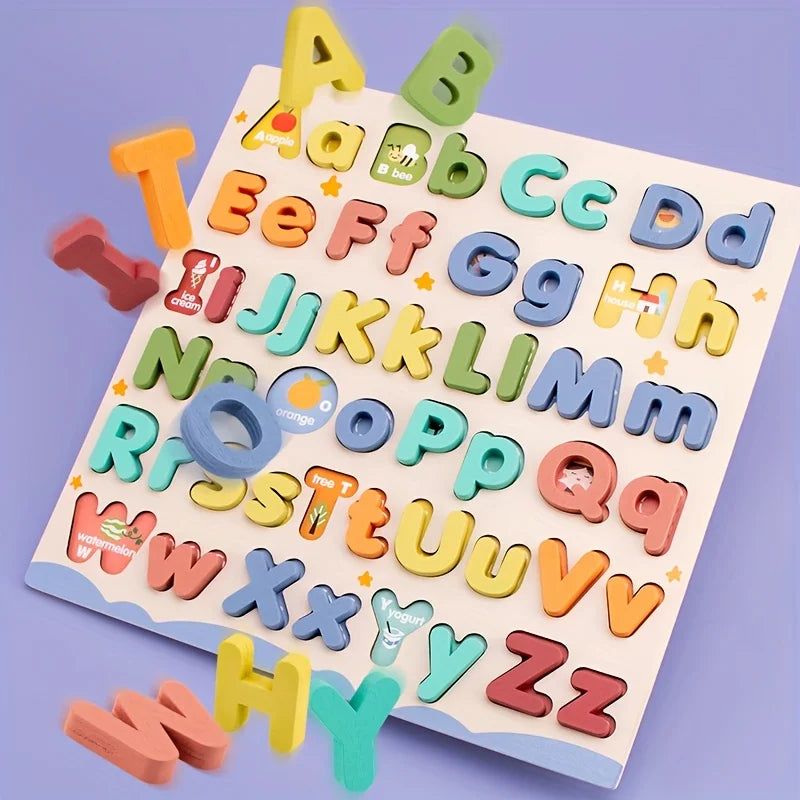 A wooden alphabet puzzle set featuring various uppercase and lowercase letters in colorful wood.