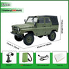 A green 1/12 scale 4WD RC rock crawler truck with LED lights shown next to its battery, charging cable, and foam box.
