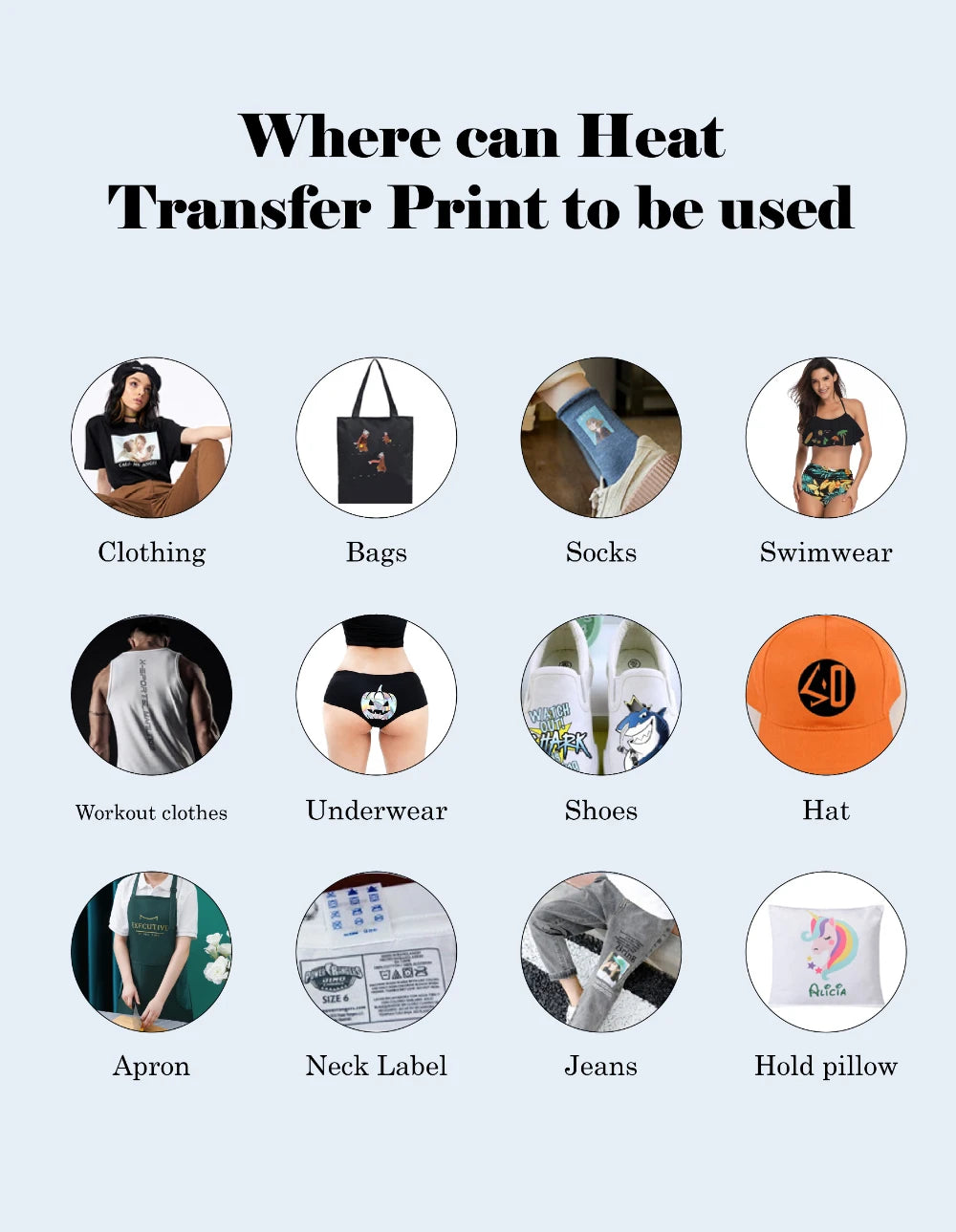 A grid showing various items like clothing, bags, socks, swimwear, workout clothes, underwear, shoes, hats, aprons, neck labe