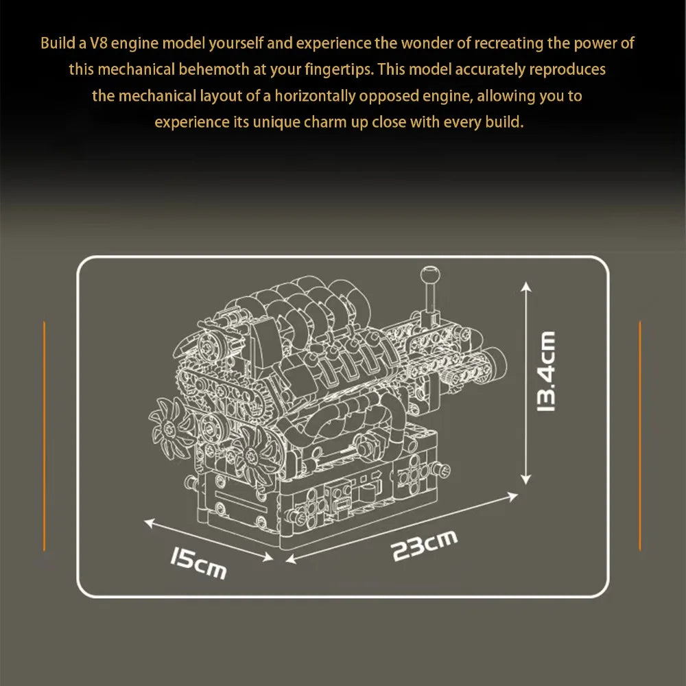 A detailed model of a horizontally opposed V8 engine built from metal components.