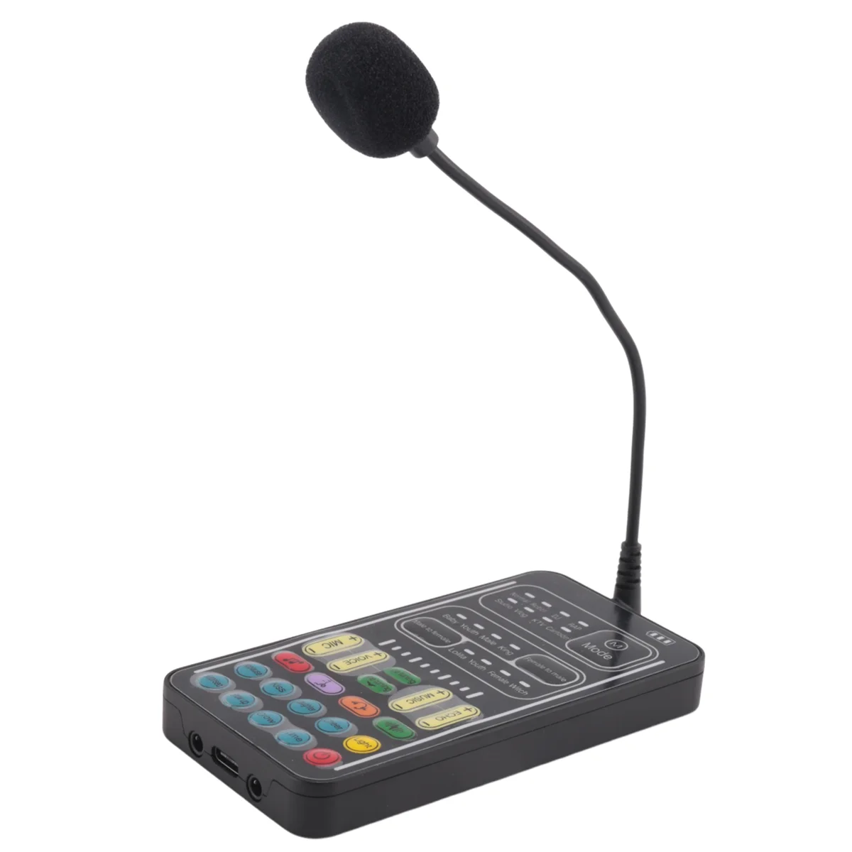 A black portable voice changer microphone with a flexible neck and control buttons.