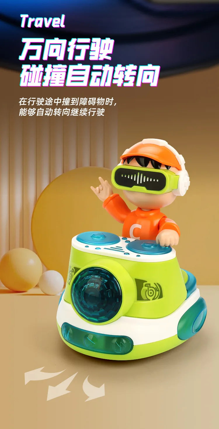 Voiture jouet robotique orange et blanche avec lentille transparente, conçue pour le voyage et la conduite automatique.