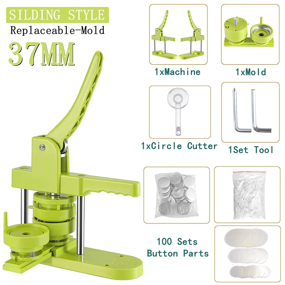 A yellow DIY pin badge button making kit showing a mold, cutter, and 100 sets of button parts.