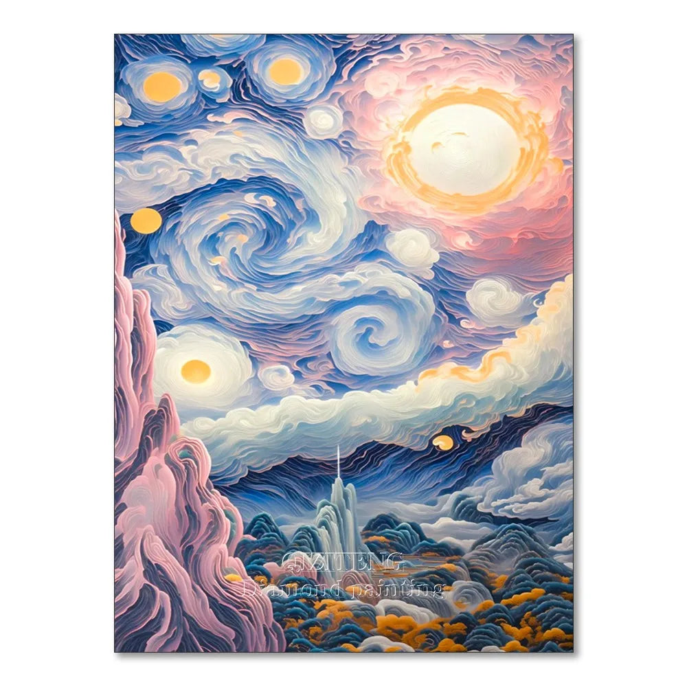 A painting kit depicting a night starry sky scenery with swirling clouds and mountains.