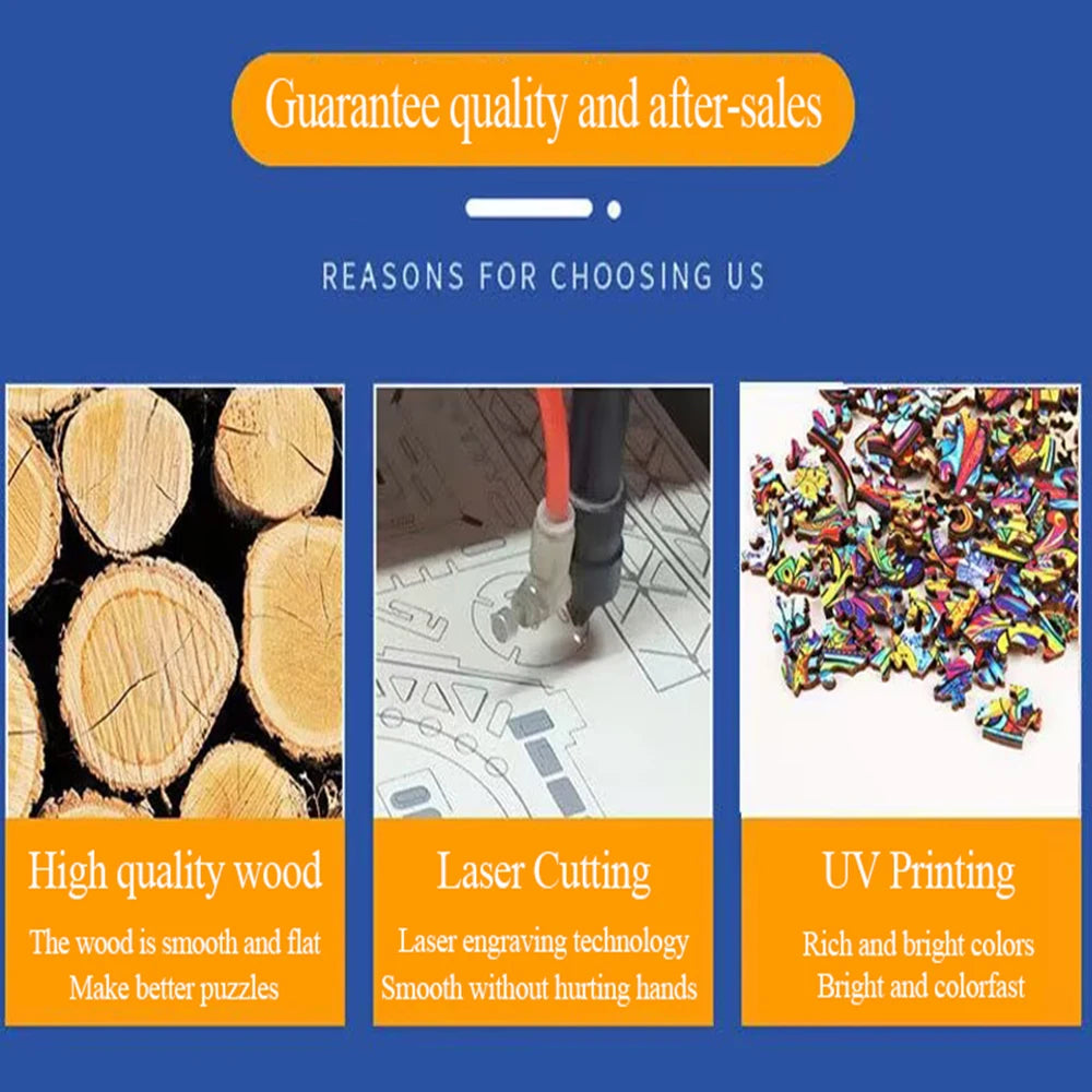 Image showing various wood pieces, laser cutting tools, and UV printing results for puzzles.